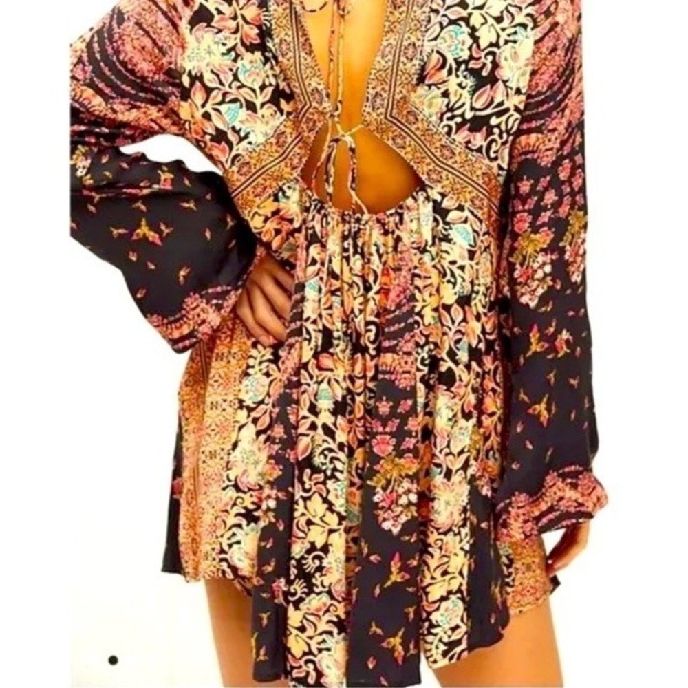 Free People Stevie Dress Floral Boho Festival Printed Mini Tunic Bell Sleeves XS - Picture 4 of 11